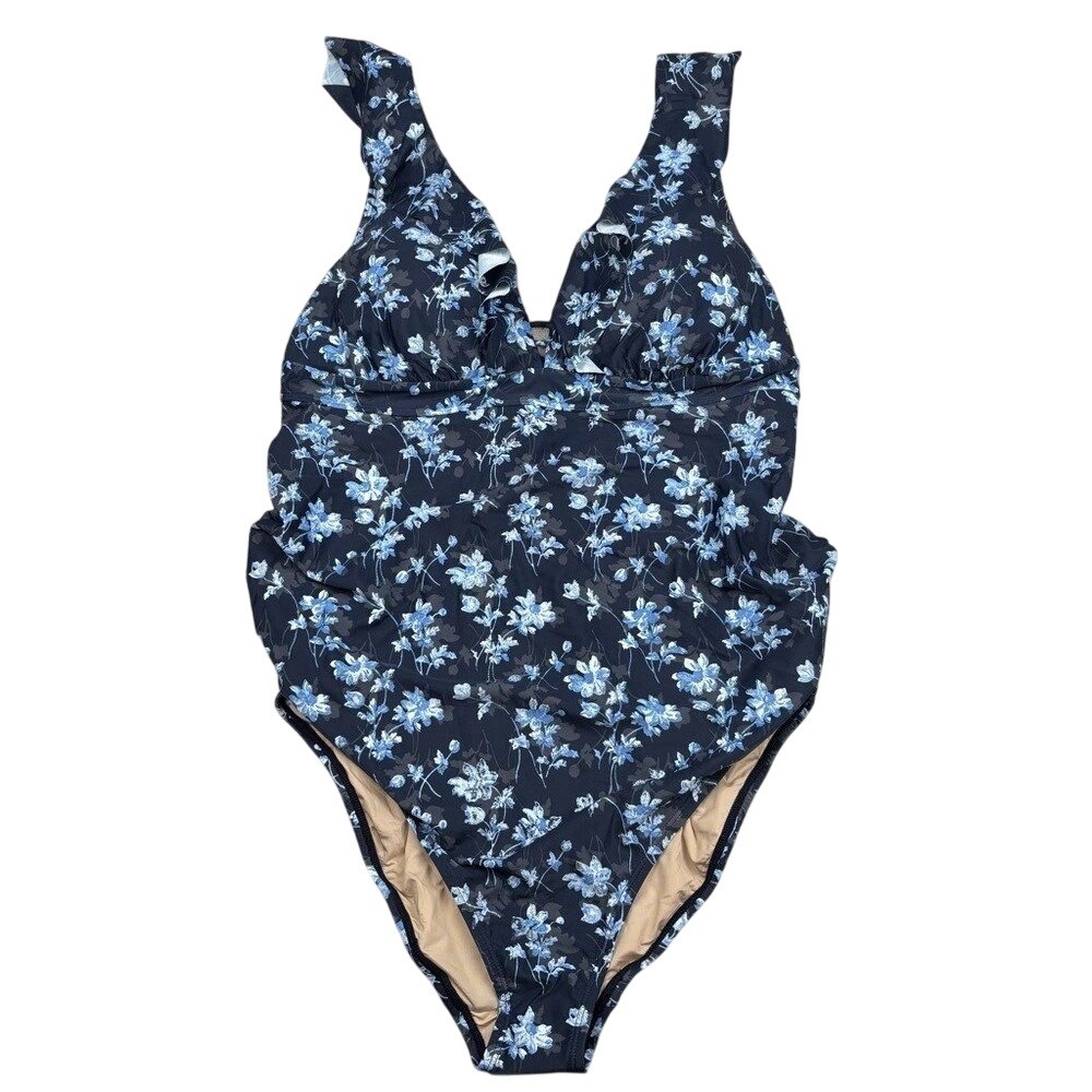 A Pea in the Pod One Piece Maternity Swimsuit Blue Floral Ruffle Tie Back Medium